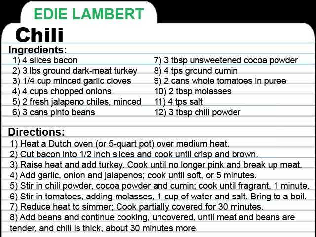 EL-RECIPE-CARD.jpg KCRA Anchor Edie Lambert shares this Chili recipe. She said you can top off the dish with fresh cilantro, sour cream, grated cheddar cheese, bacon crumbles, or cornbread. "Enjoy with any toppings that sound good!"