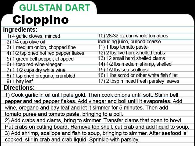 GD-RECIPE-CARD.jpg KCRA Anchor Gulstan Dart shares this recipe for Cioppino. "I've been making this for years. It seems appropriate to do cioppino this year since the Super Bowl is in San Francisco." Gulstan said the soup is easy to make. "It takes maybe an hour to assemble, and you can make it ahead of time. Don't forget some sourdough bread!"
